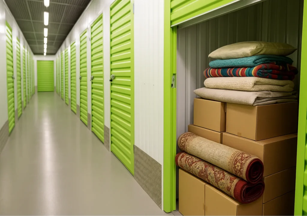 Rangement organisé des tapis et textiles